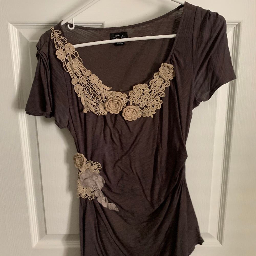 Anthropologie Deletta Crochet Swag Brown Lace Top